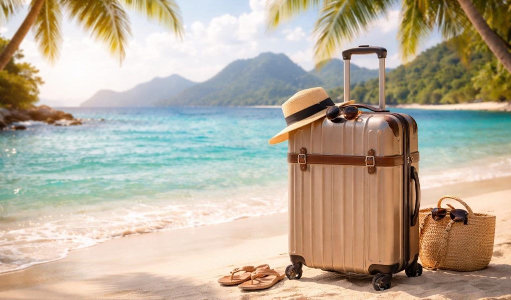 valise-plage-eaux-turquoises-montagnes