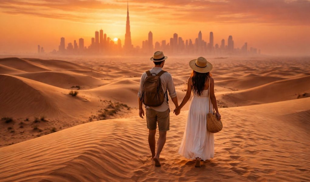 couple-voyageurs-desert-dubai-coucher-soleil