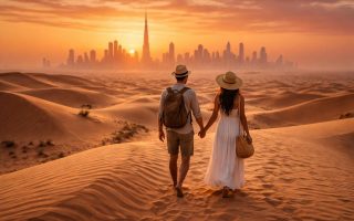 couple-voyageurs-desert-dubai-coucher-soleil