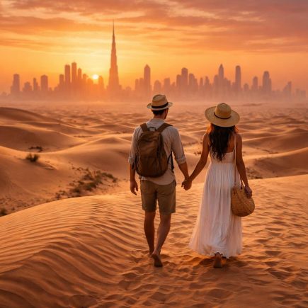 couple-voyageurs-desert-dubai-coucher-soleil