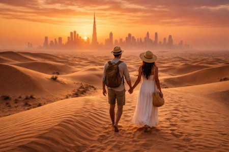 couple-voyageurs-desert-dubai-coucher-soleil