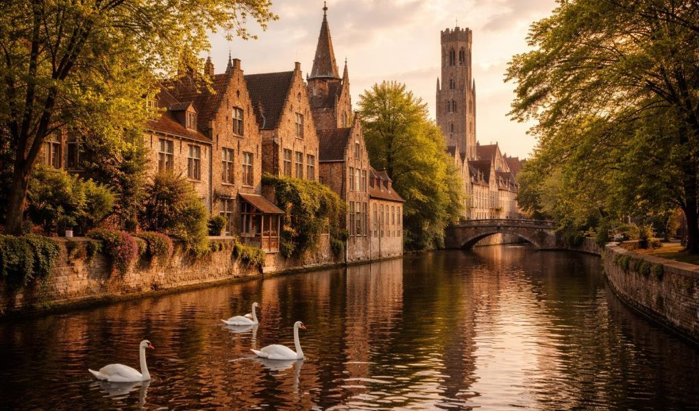 canaux-bruges-batiments-cygnes-arbres