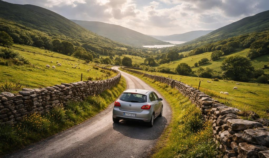 voiture-route-campagne-verte-ciel-nuageux