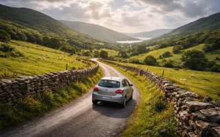 voiture-route-campagne-verte-ciel-nuageux