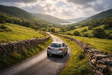 voiture-route-campagne-verte-ciel-nuageux