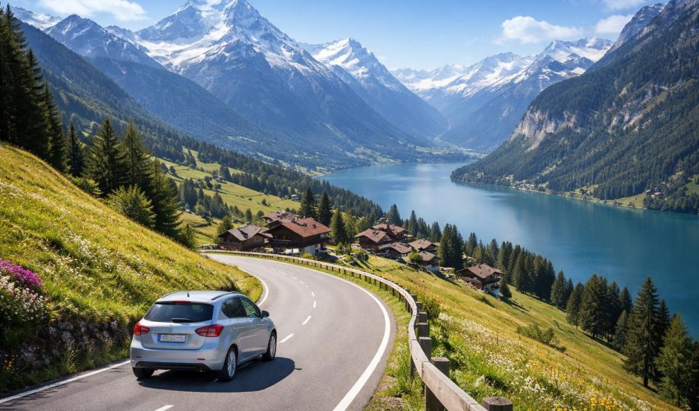 voiture-route-montagnes-lacs-ciel-bleu