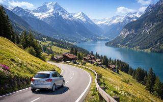 voiture-route-montagnes-lacs-ciel-bleu
