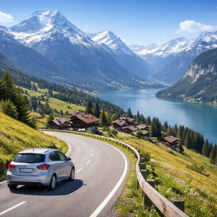 voiture-route-montagnes-lacs-ciel-bleu
