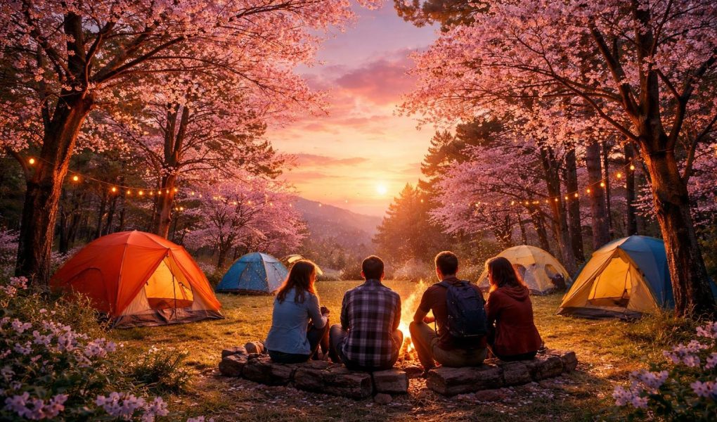 tentes-colorees-campeurs-feu-ciel-coucher-soleil