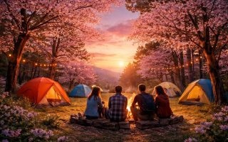 tentes-colorees-campeurs-feu-ciel-coucher-soleil