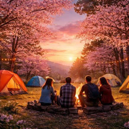 tentes-colorees-campeurs-feu-ciel-coucher-soleil