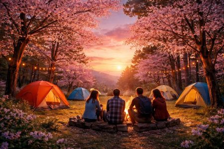 tentes-colorees-campeurs-feu-ciel-coucher-soleil