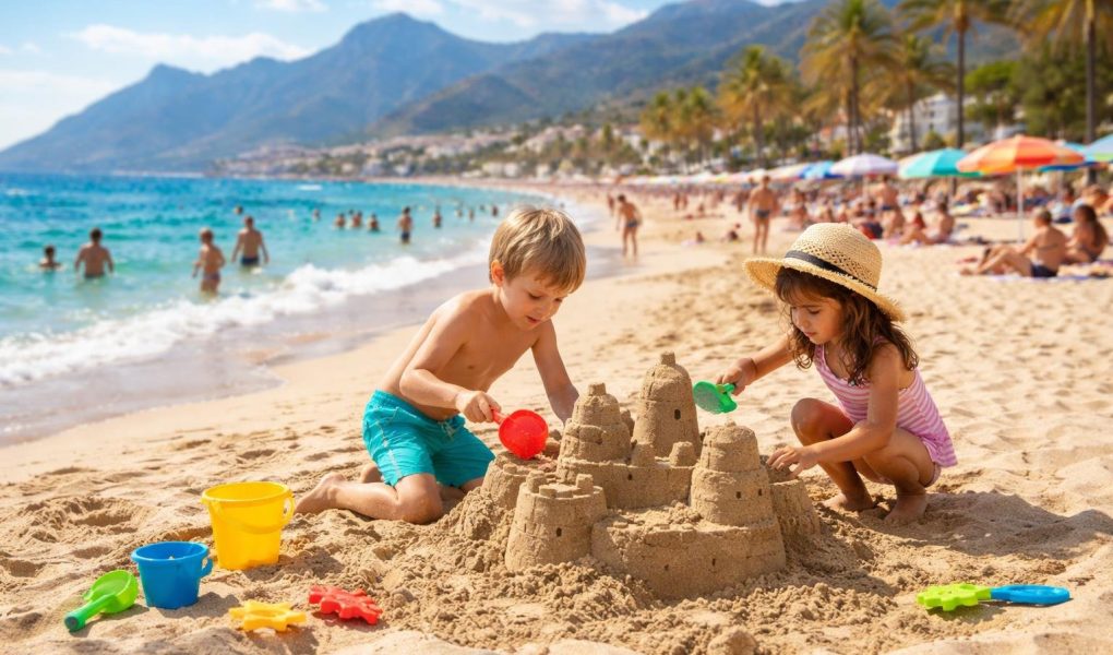 plage-ensoleillee-enfants-chateau-sable