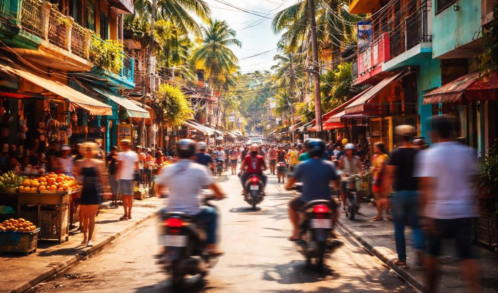 rue-animee-batiments-colores-scooters