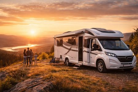 camping-car-moderne-colline-coucher-soleil